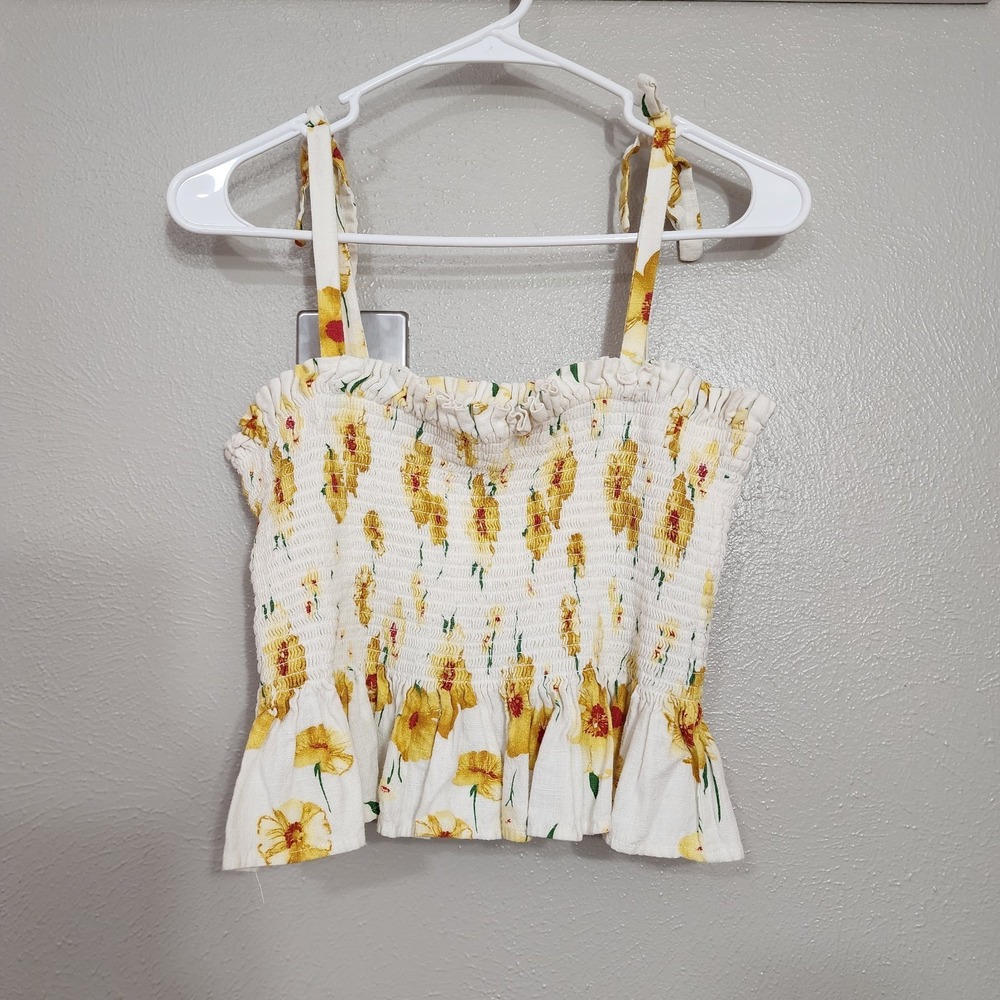 Nine Britton Top Women's‎ Size Large Floral Linen Blend Smocked Cami Peplum